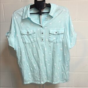 Coral Bay Women’s Size 1X Teal Blouse Front Pockets and Cuffed Sleeves